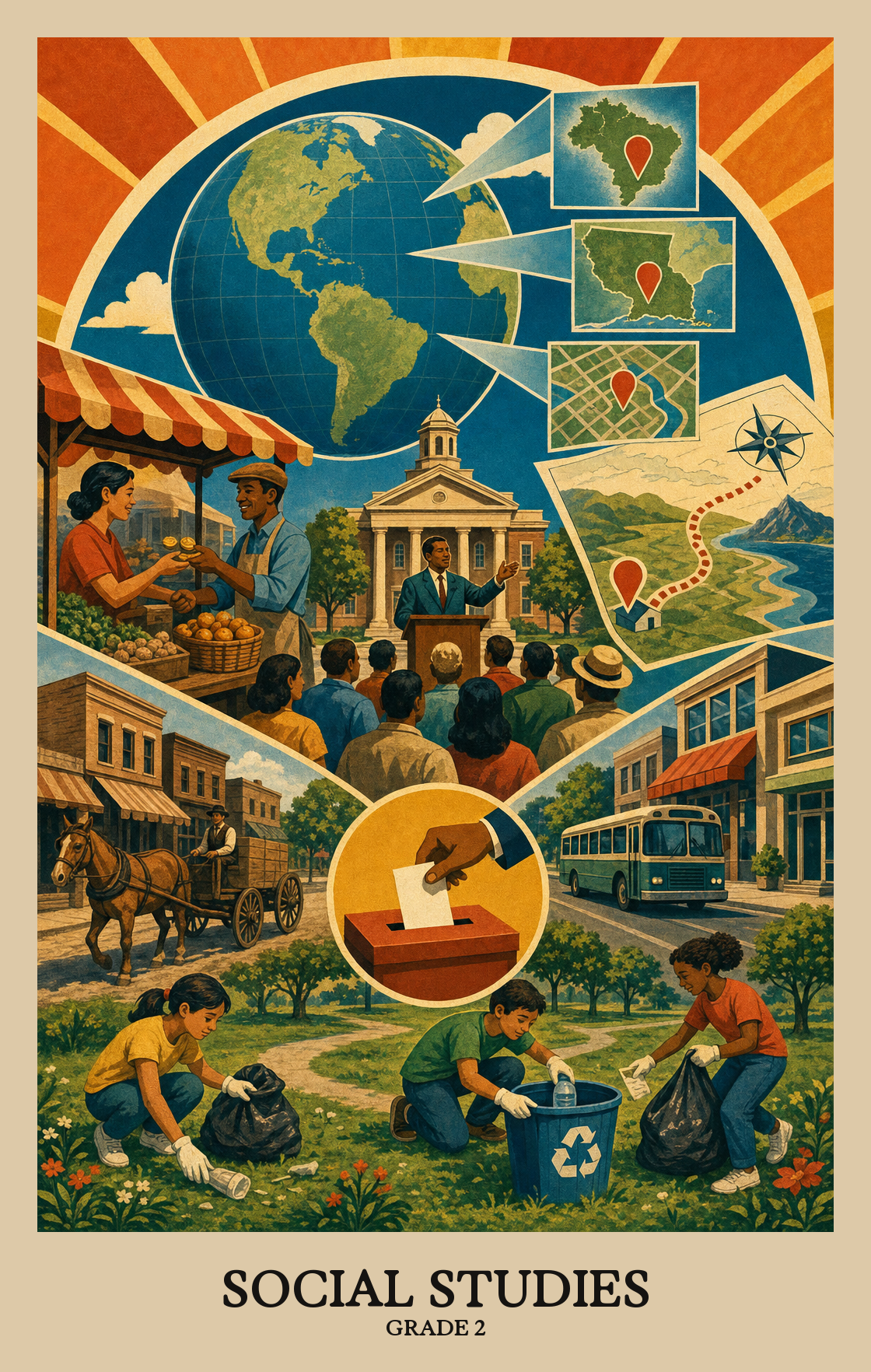 Illustration of what students learn in Grade 2 Social Studies