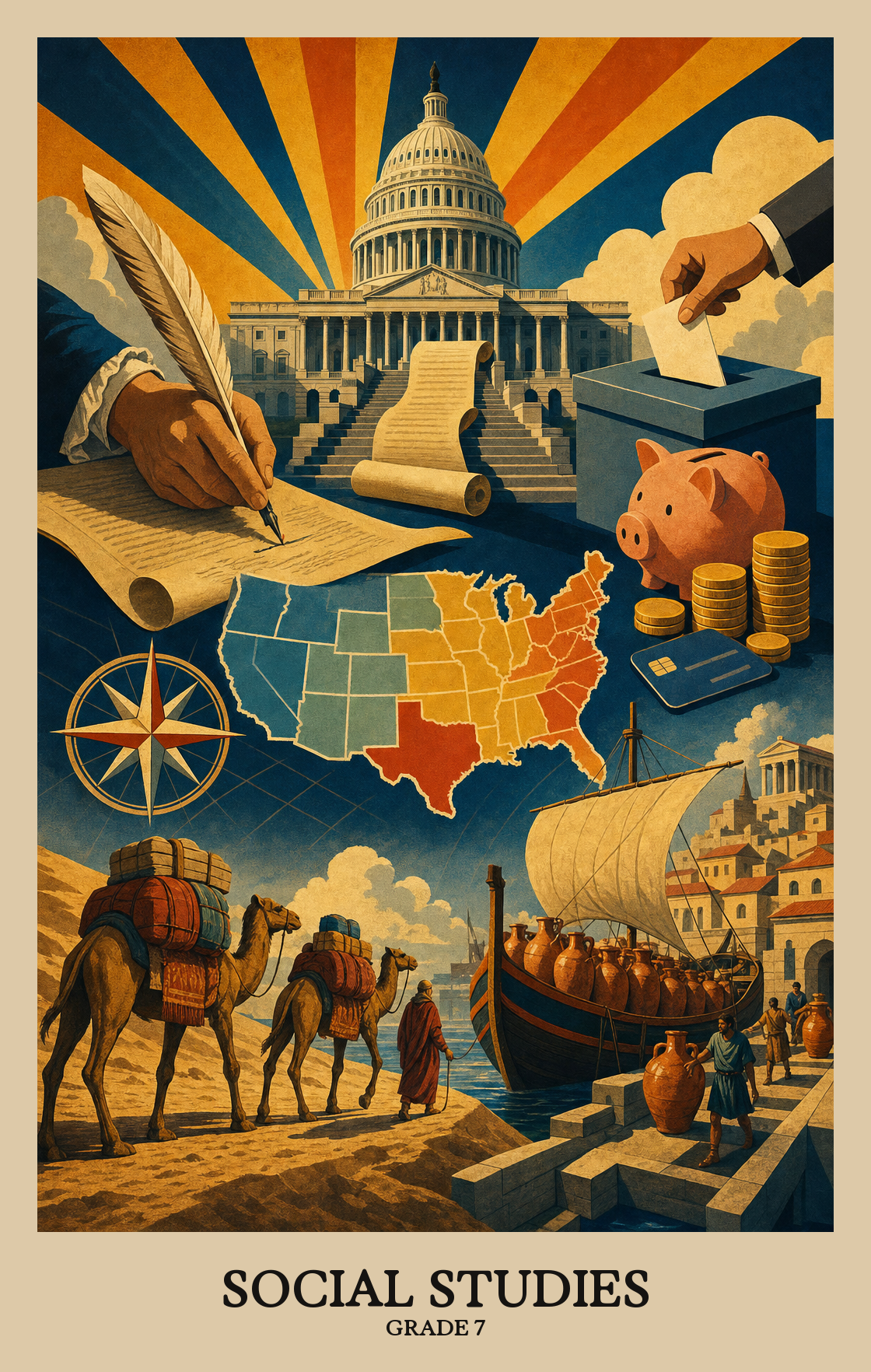 Illustration of what students learn in Grade 7 Social Studies
