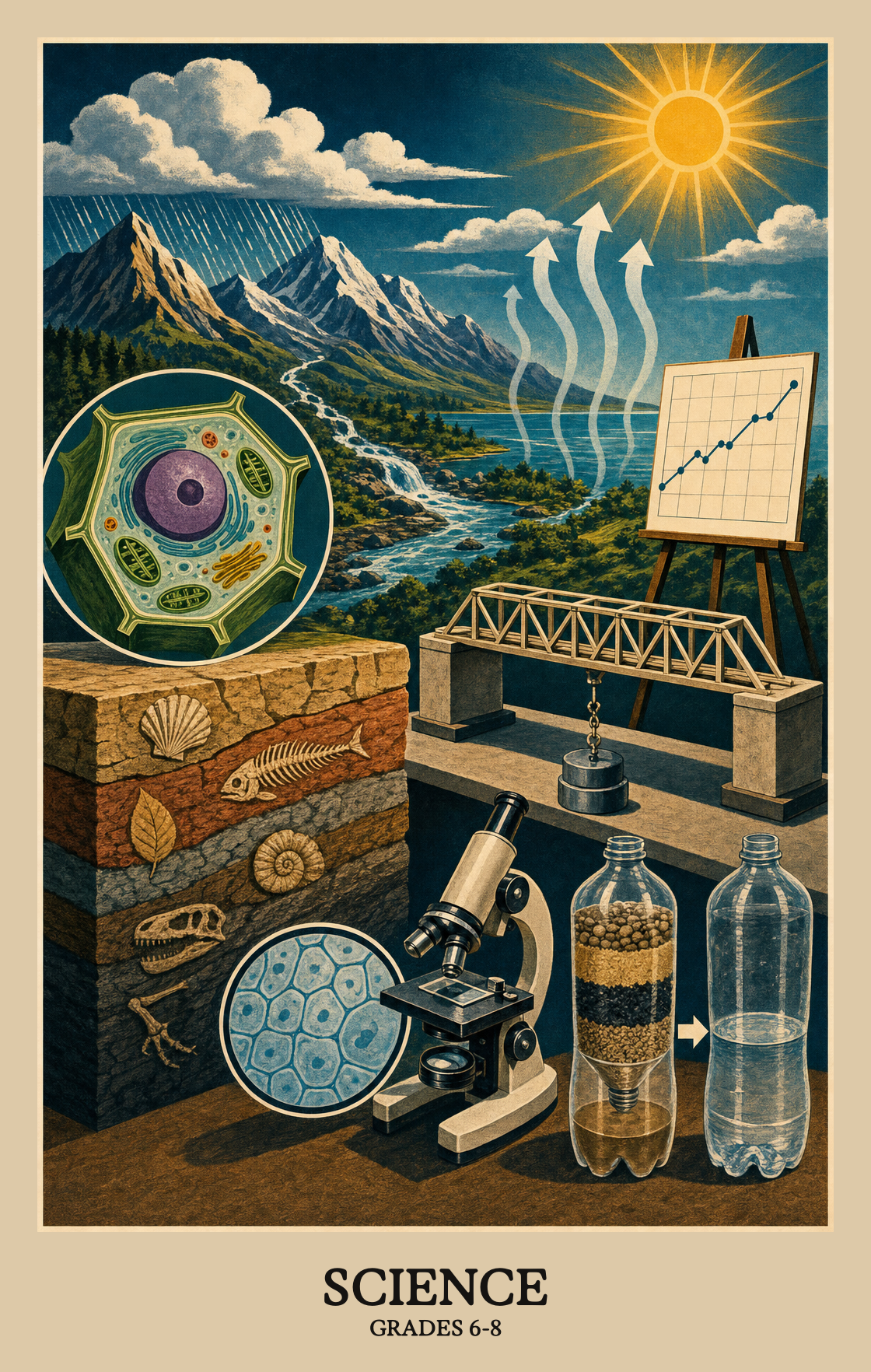 Illustration of what students learn in Grades 6-8 Science